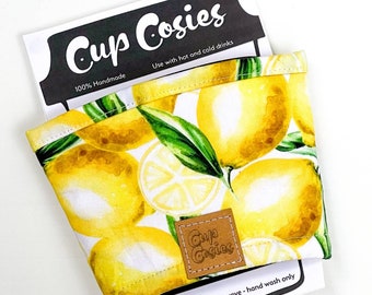 Cup Cosie, Drink Sleeve, Coffee Slip, Reusable Travel Coffee Cozy, For Hot and Cold Drinks, Australian Handmade - Lemon