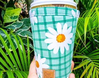 Cup Cosie, Drink Sleeve, Coffee Slip, Reusable Travel Coffee Cozy, For Hot and Cold Drinks, Australian Handmade - Green Daisy