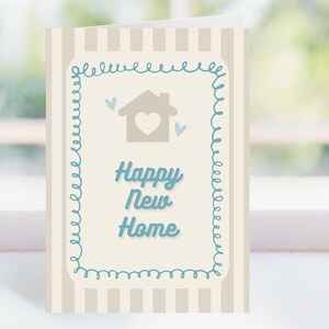 Happy New Home Card. Cute Housewarming Greeting Card with Pink or Blue Design. Perfect housewarming card for friends or family.