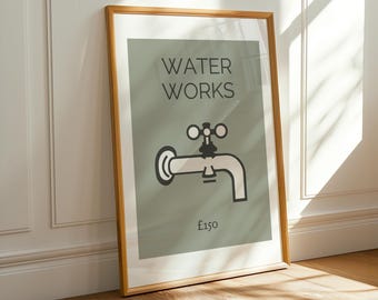 Monopoly Inspired Water Works Poster Print. Sage Green Vintage Wall Art. Retro Bathroom & Game Room Decor