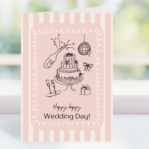 Tarjeta de boda rosa. Tarjeta de felicitación para el día de tu boda. Diseño encantador de pastel y champán. Tarjeta romántica para celebrar la boda de los novios.