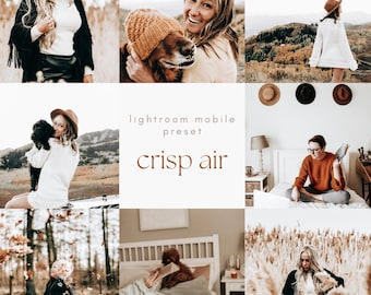 May include: A collage of photos showcasing a Lightroom mobile preset called "Crisp Air". The photos feature people and dogs in various settings, including a field, a bedroom, and a forest. The preset gives the photos a warm, natural look.