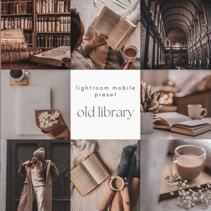 Peut inclure: Un collage d'images présentant une esthétique chaleureuse et accueillante, mettant l'accent sur les livres, le café et les espaces confortables. Le texte "lightroom mobile preset old library" est affiché au centre du collage.