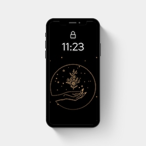 Carta da parati estetica del telefono / Mano celeste d'oro / luna, stelle, fiori, sfondi magici, iphone, sfondo per smartphone, sfondo del telefono