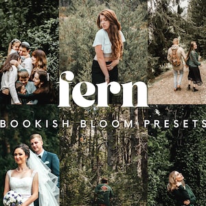 Puede incluir: Una colección de ajustes preestablecidos para la edición de fotos, llamada "Fern Bookish Bloom Presets". Los ajustes preestablecidos están diseñados para dar a las fotos un aspecto suave, de ensueño y vintage. La imagen muestra varios ejemplos de cómo se pueden utilizar los ajustes preestablecidos para editar fotos de personas, paisajes y naturaleza.