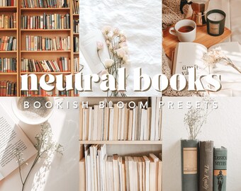Op de afbeelding: Een collage met verschillende scènes met boeken. De afbeelding bevat boekenkasten vol boeken, open boeken met bloemen en koffiekopjes. De tekst "neutral books" en "BOOKISH BLOOM PRESETS" is over de afbeelding geplaatst.