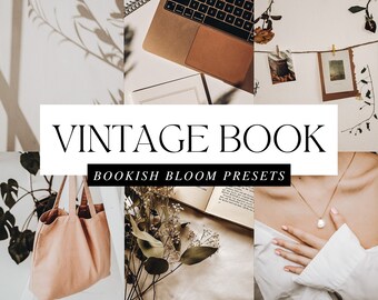 Op de afbeelding: Een collage van afbeeldingen met een vintage boek, een laptop, een draagtas, bloemen en een ketting. De tekst "Vintage Book" en "Bookish Bloom Presets" wordt weergegeven op een witte achtergrond.