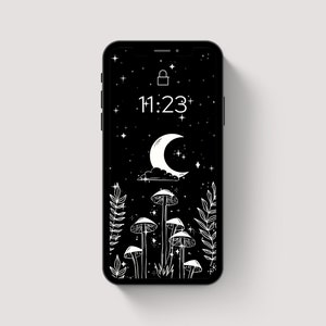 Aesthetic Phone Wallpaper | mushroom moon and stars, celestial, botanical, hippie, dark wallpapers, iphone, smartphone wallpaper, background