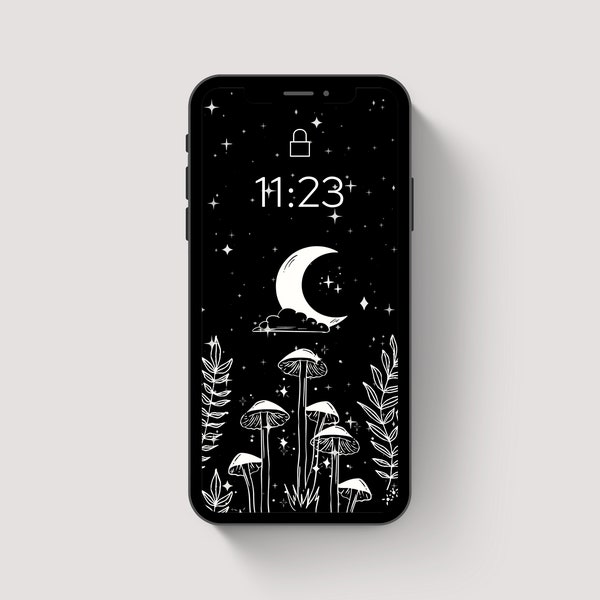 Aesthetic Phone Wallpaper | mushroom moon and stars, celestial, botanical, hippie, dark wallpapers, iphone, smartphone wallpaper, background