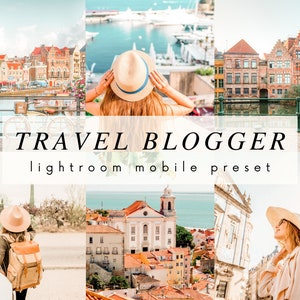 May include: A collage of images featuring a woman wearing a straw hat and exploring different cities. The text "TRAVEL BLOGGER lightroom mobile preset" is displayed in the center of the image.