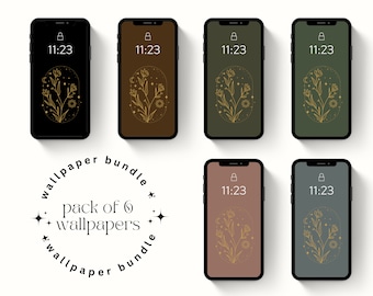 May include: A pack of six phone wallpapers featuring a gold floral design with a moon, stars, and sun. The wallpapers are in black, brown, green, pink, and blue.