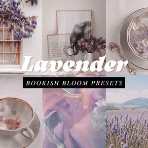 Puede incluir: Un collage de imágenes con flores de lavanda, una taza de té con flores de lavanda y un campo de lavanda. El texto "Lavender Bookish Bloom Presets" se muestra en el centro de la imagen.