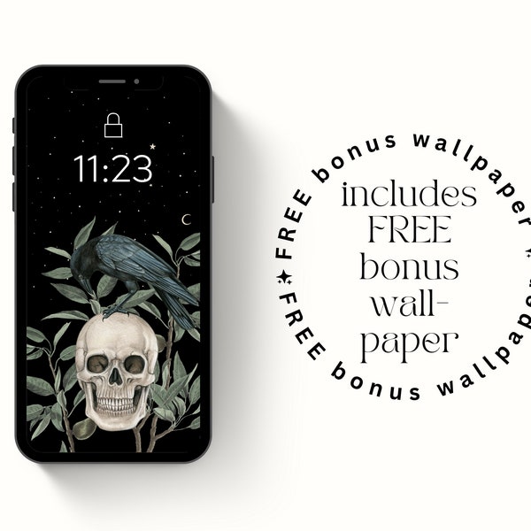 Aesthetic Phone Wallpaper | skull and crow, leaves, botanical, dark, spooky, dark wallpapers, iphone, smartphone wallpaper, background