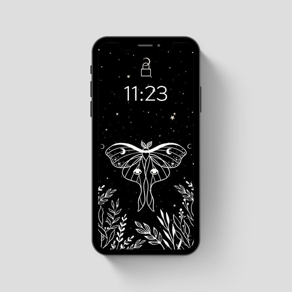 Aesthetic Phone Wallpaper | black and white moth and leaves, botanical, celestial, dark wallpapers, iphone, smartphone wallpaper, background