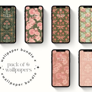 Aesthetic Phone Wallpaper Bundle | Pack of 6 | Vintage Pink & Green Floral Wallpaper Set, flower, cottagecore, iphone, smartphone background