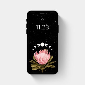 Aesthetic Phone Wallpaper | Pink Flower, Moon and Stars | celestial, boho, floral wallpapers, iphone, smartphone wallpaper, phone background