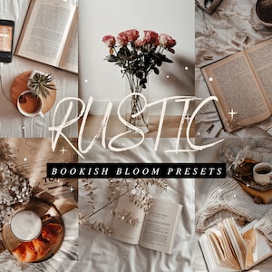 Könnte beinhalten: Rustikale Bookish Bloom Presets - eine Sammlung digitaler Filter für Fotografen, die eine Collage von Bildern mit einer warmen, Vintage-Ästhetik zeigen. Die Bilder beinhalten Bücher, Blumen, Kaffeetassen und andere gemütliche Details.