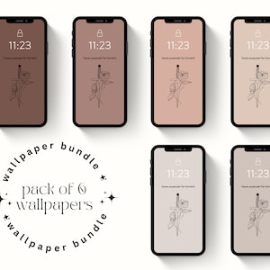 May include: A set of six phone wallpapers featuring a sword with flowers in a minimalist line art style. The wallpapers are in various shades of brown and beige.