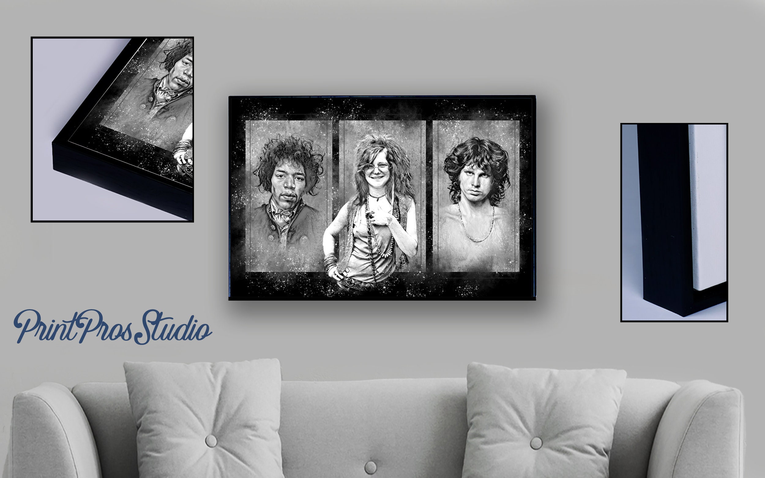 Music Legends - Jimi Hendrix, Janis Joplin and Jim Morrison (black