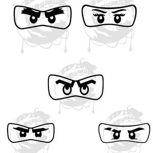 May include: Five black and white illustrations of different eye expressions. Each illustration is a pair of eyes with eyebrows above them. The eyes are round with a white circle in the centre. The eyebrows are arched and have a slight curve. The expressions range from angry to surprised.
