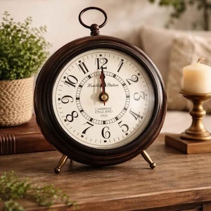 May include: A round analog table clock with a dark brown frame, a cream-colored face, and black Arabic numerals. The clock features a top ring handle, two small brass-toned feet, and the text Huntley Station, Cambridge England 1924.