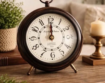 Antique Table Clock – Wood & Metal, 6" Inch Brown Desk Decor