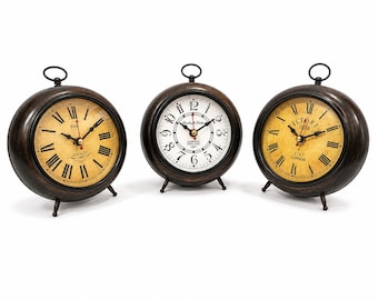 Set of 3 Wooden Table Clocks, 6 Inch Analog, Roman Numeral, Vintage Style Home Decor