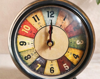 Retro Antique Style Table Clock | Distressed Metal, Multicolor Vintage Dial, 6 Inch Home Decor