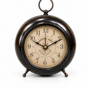 May include: A round, dark bronze-toned table clock with a ring handle on top and two small feet. The clock face is cream-colored with black numerals 1 through 12, smaller 13 through 24 markers, a central anchor graphic, and the text MARINE ARTS.