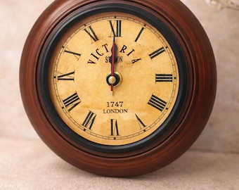 Wooden Antique  Wall Clock, 6-Inch Vintage Style, Brown Finish Roman Numerals, Victorian Décor