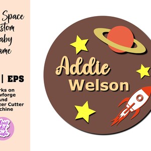 Signo de nombre de bebé para guardería, signo de nombre espacial SVG, signo redondo de nombre de guardería, archivo de corte láser y glowforge, nombre de bebé estrellas Planeta espacial Luna