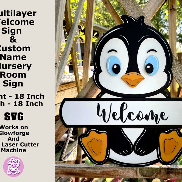 Multi Layer Penguin Welcome / Custom Baby Name Nursery Room Sign, Front Door Decor SVG, Birth Announcement, Baby Shower Gift, Glowforge SVG