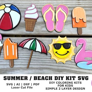 Summer DIY Paint Kit SVG, Summer Cutouts, Beach DIY Kit for Kids, kids coloring kits digital file, beach ball, sun, popsicle, flip flops Svg