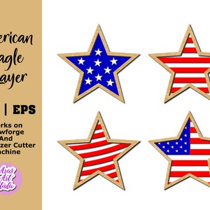 July 4th Leaning Stars, Patriotic Stars and Strips, Memorial Day, American Flag Star Glowforge and Laser Cut CNC file, Wooden Decor