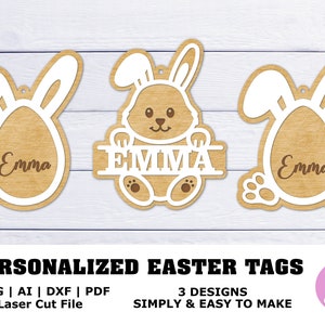Osterkorb Tag SVG Laser Cut Datei, Osterei und Hase Tags, Namensanhänger, Osterkorb Tags Bundle, personalisierte Tags, Ostern SVG, Dxf