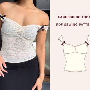 PDF Lace Top Bow and Ruche Detail Sewing Pattern | XXS - 3XL | A4, A0 & US Letter Printing