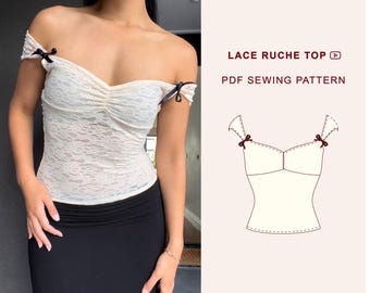 PDF Lace Top Bow and Ruche Detail Sewing Pattern | XXS - 3XL | A4, A0 & US Letter Printing