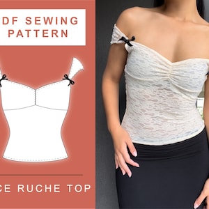 PDF Lace Top Bow and Ruche Detail Sewing Pattern | XXS - 3XL | A4, A0 & US Letter Printing