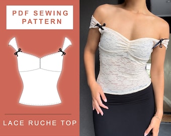 PDF Lace Top Bow and Ruche Detail Sewing Pattern | XXS - 3XL | A4, A0 & US Letter Printing