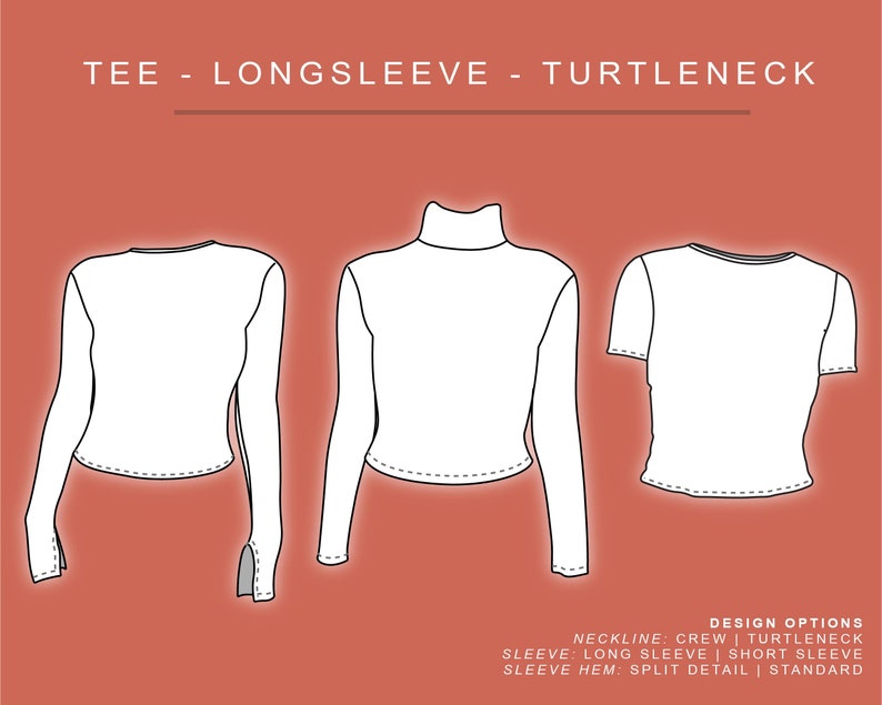 PDF Long Sleeve Baby Tee Sewing Pattern Crew Neck Turtle Neck / XS XXL / 6 18 / Sewing Pattern Women image 2