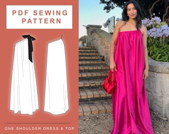 PDF One Shoulder Wedding Guest Dress Sewing Pattern | XXS - 2XL | A4, A0 & US Letter Printing
