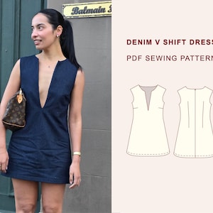 May include: A dark blue denim shift dress with a deep V-neckline and sleeveless design, presented alongside a technical line drawing illustration labeled DENIM V SHIFT DRESS PDF SEWING PATTERN, showing front and back views of the garment construction.