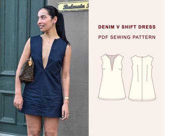 Denim Mini Dress Sewing Pattern | Deep V Front Split Shift Dress Pattern | XXXS–8XL | A4, A0 & US Letter PDF