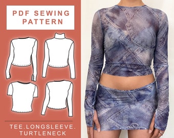 PDF Long Sleeve Baby Tee Sewing Pattern Crew Neck Turtle Neck / XS - XXL / 6 - 18 / Sewing Pattern Women