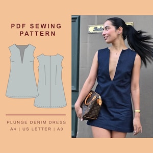 May include: A navy blue denim plunge dress with a deep V-neck. The image also features a PDF sewing pattern of the dress, with the text "PDF Sewing Pattern" and "Plunge Denim Dress". The dress is sleeveless.