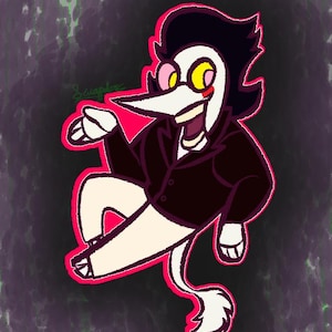 Peut inclure: Un personnage de dessin animé avec un long bec, des cheveux noirs et une queue blanche, portant une veste noire et un pantalon blanc, rit la bouche ouverte et les yeux grands ouverts. Le personnage est délimité en rose et placé sur un fond violet foncé.