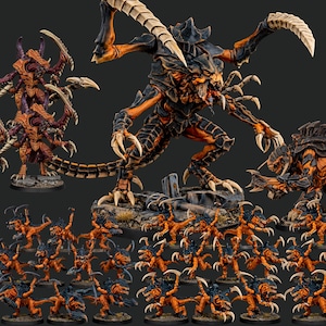 May include: Xenarid Legion miniature models. The image shows a collection of 49 models, including large and small creatures. The color scheme is primarily black and orange, with detailed sculpting and menacing poses. The models are designed for tabletop gaming.
