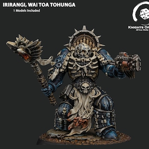 May include: A detailed miniature figure of a warrior in dark blue and bone armor, holding a weapon and a gun. The figure has a skull-like helmet and is on a textured base. The image includes the text "IRIRANGI, WAI TOA TOHUNGA" and "KNIGHTS OF LUNAR".