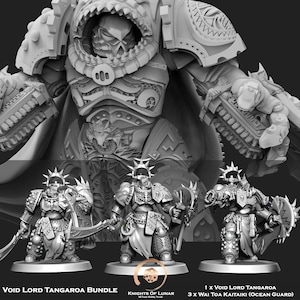 Può includere: Un set di miniature in resina grigia che include una grande figura di Void Lord Tangaroa e tre figure di Wai Toa Kaitaiki Ocean Guard. Le figure presentano dettagli complessi dell'armatura, elmi a forma di squalo e armi varie.