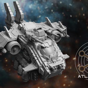 May include: A detailed, gray model of a futuristic spacecraft with multiple turrets, wings, and engines. The model is set against a starry background, with the text "ATLAN FORGE" and a circular logo in the lower right corner.